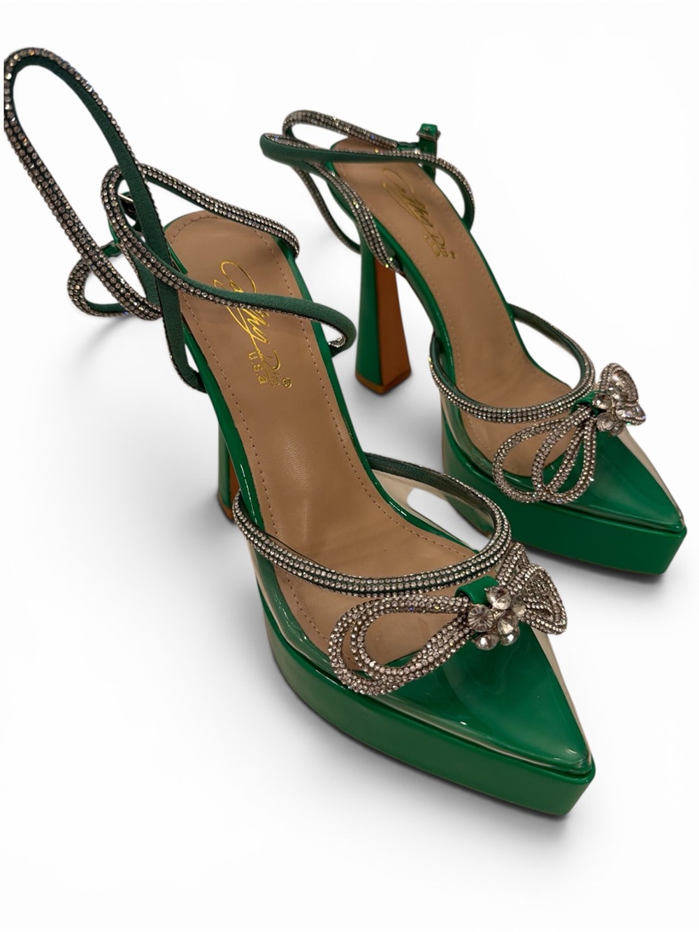 Kelly Green Patent Slingback Heels with Crystal Bow Accent
